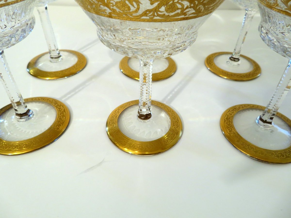 6 Large Saint Louis Thistle Gold Signed Crystal Champagne Glasses-photo-3