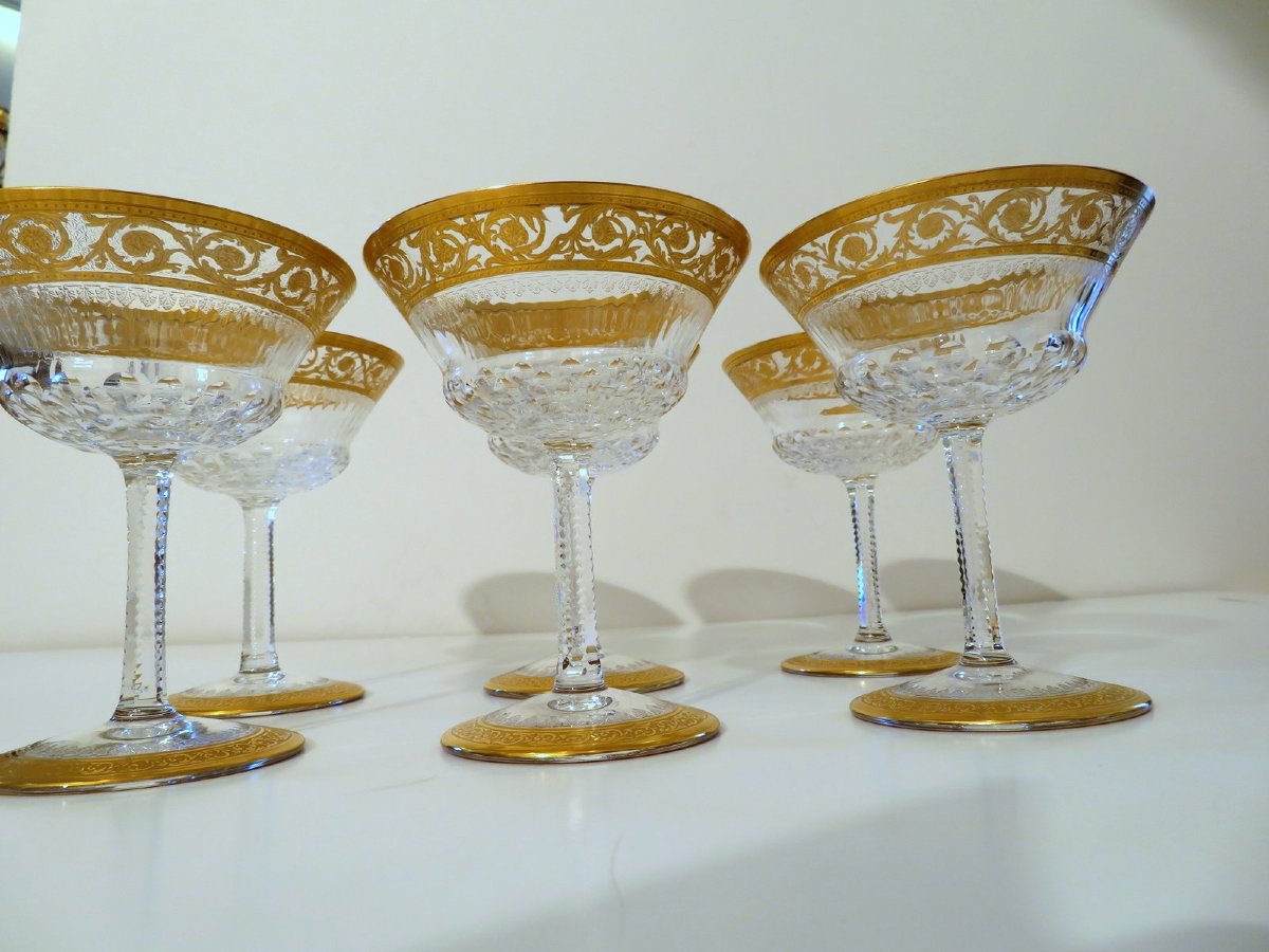 6 Large Saint Louis Thistle Gold Signed Crystal Champagne Glasses-photo-4