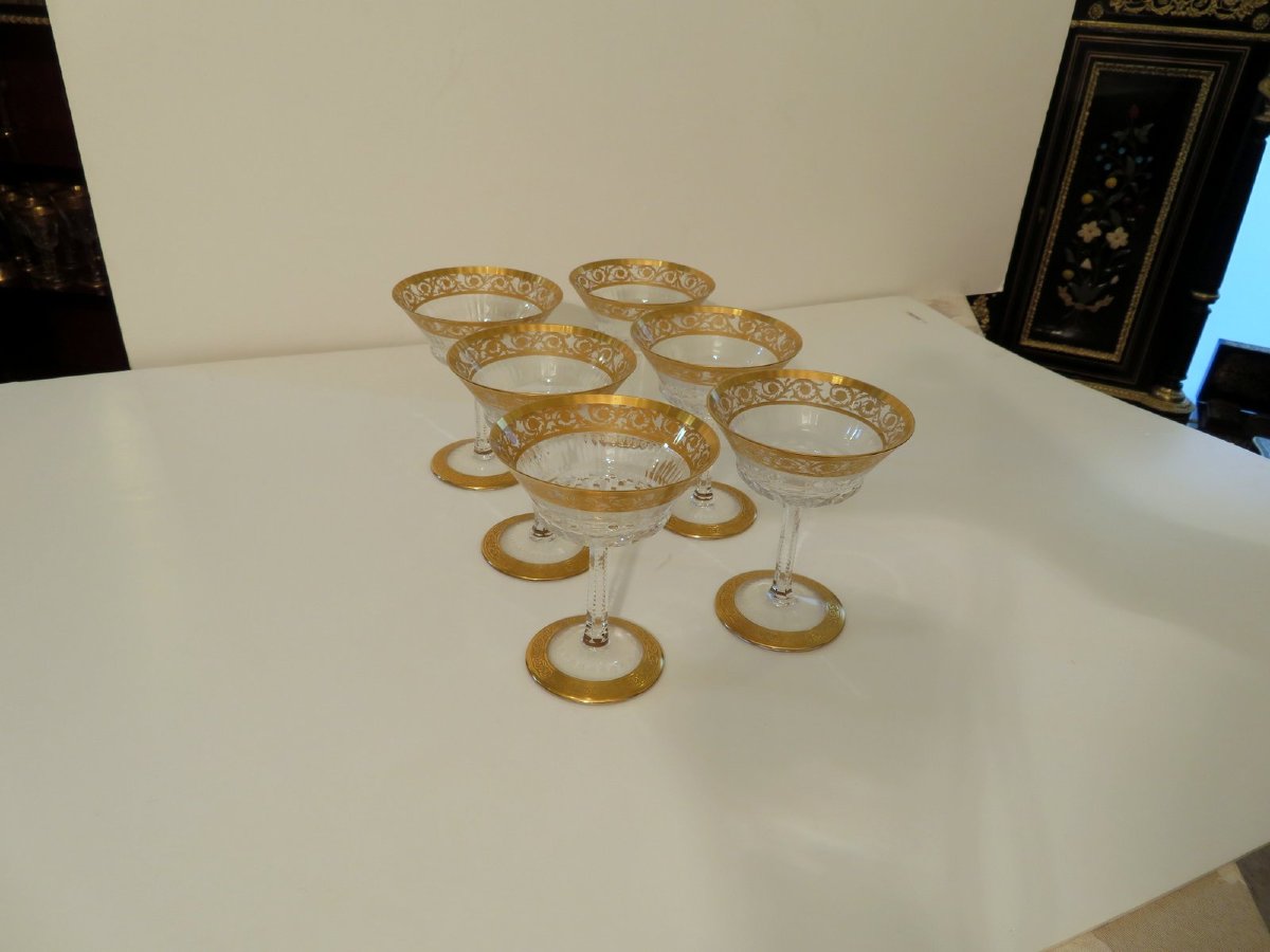 6 Large Saint Louis Thistle Gold Signed Crystal Champagne Glasses-photo-1