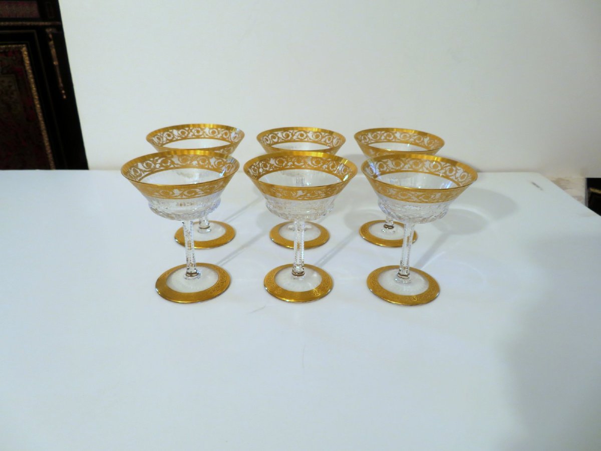 6 Large Saint Louis Thistle Gold Signed Crystal Champagne Glasses-photo-2