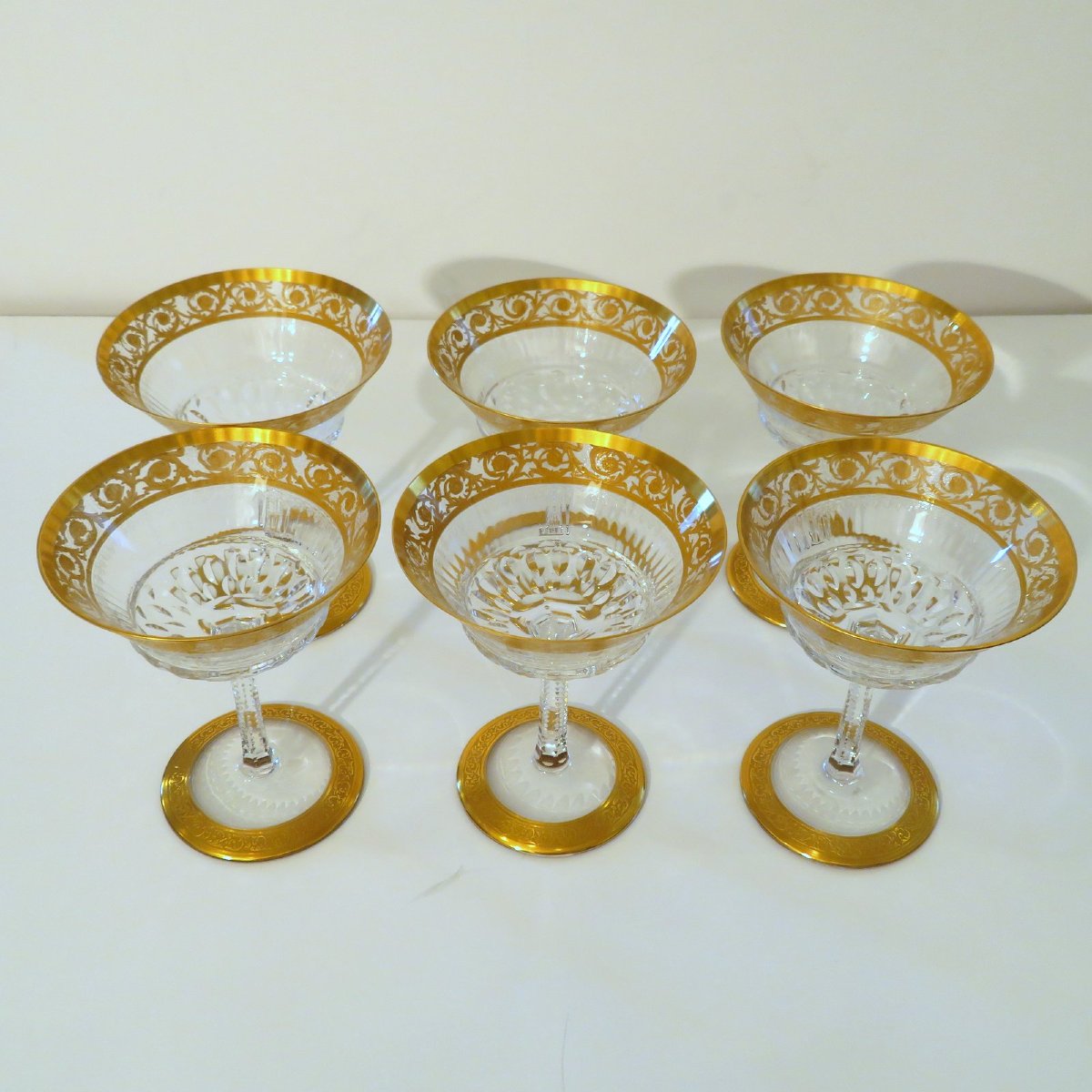 6 Large Saint Louis Thistle Gold Signed Crystal Champagne Glasses-photo-3