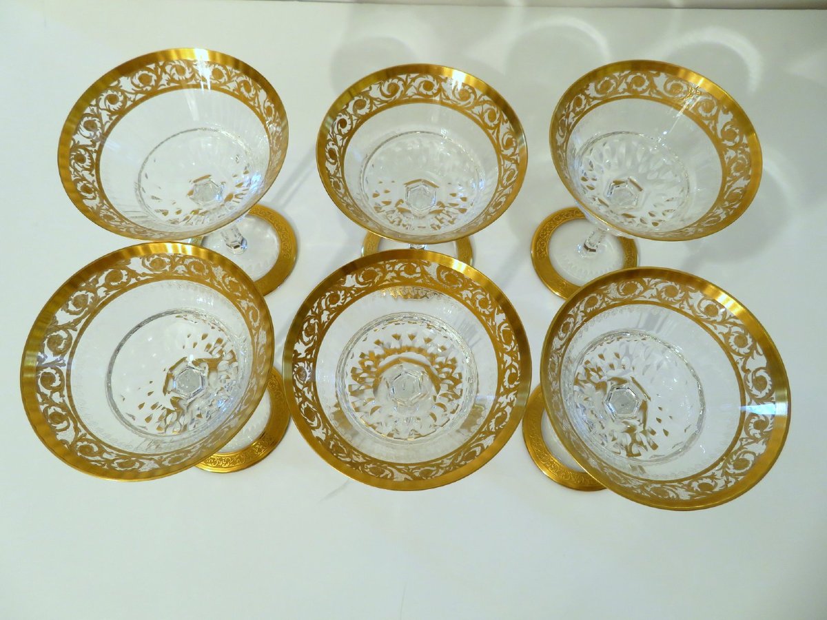 6 Large Saint Louis Thistle Gold Signed Crystal Champagne Glasses-photo-4