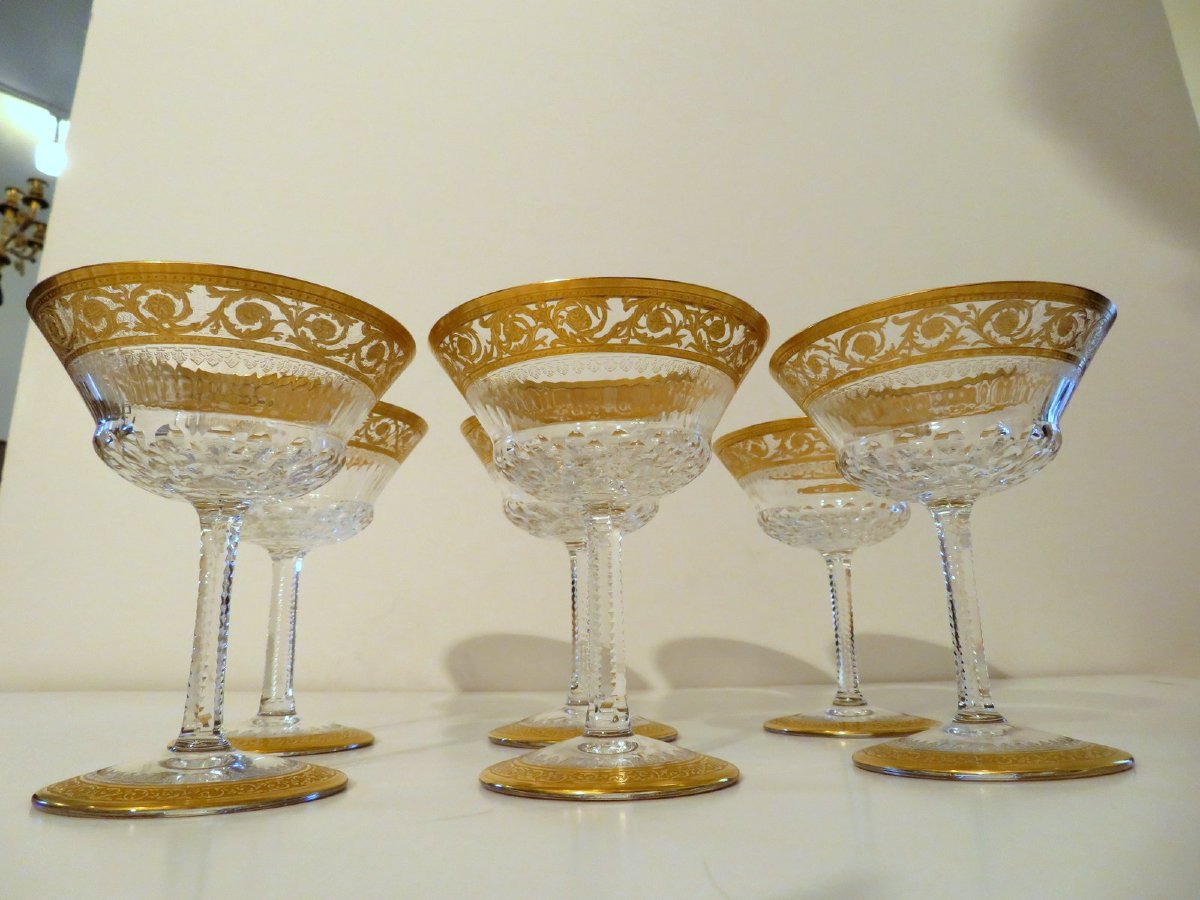 6 Large Saint Louis Thistle Gold Signed Crystal Champagne Glasses-photo-6
