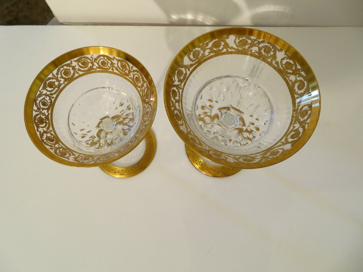 6 Large Saint Louis Thistle Gold Signed Crystal Champagne Glasses-photo-7