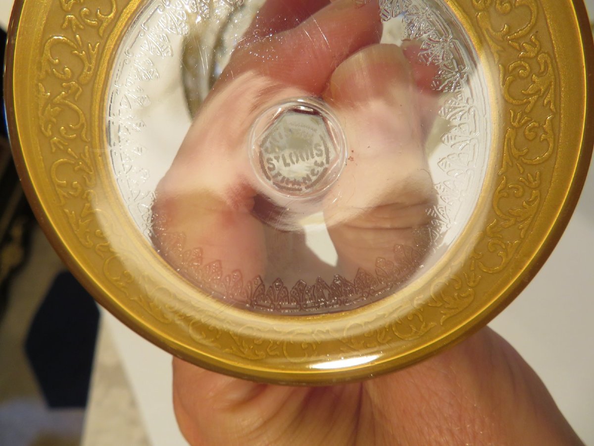 6 Large Saint Louis Thistle Gold Signed Crystal Champagne Glasses-photo-8