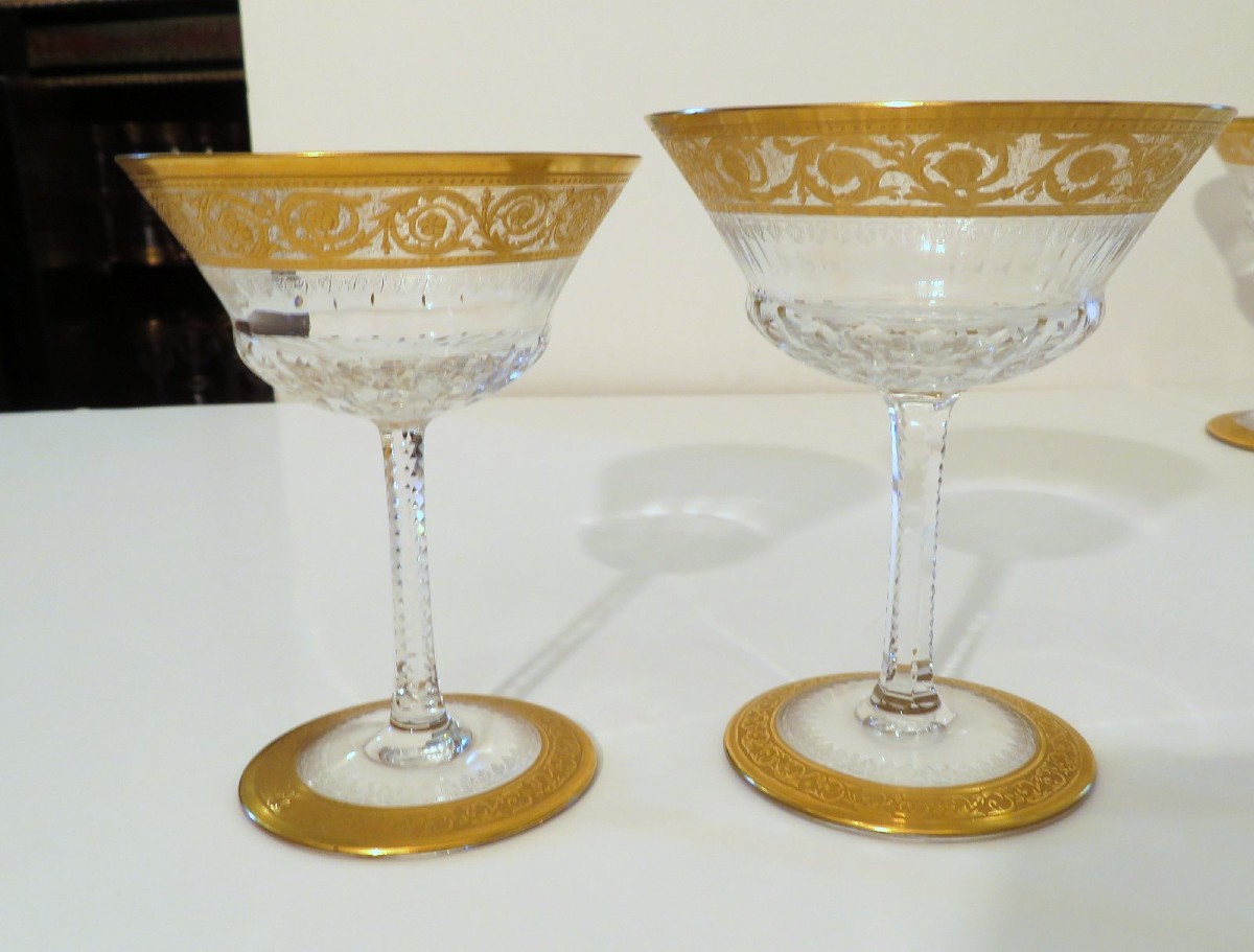 6 Large Saint Louis Thistle Gold Signed Crystal Champagne Glasses