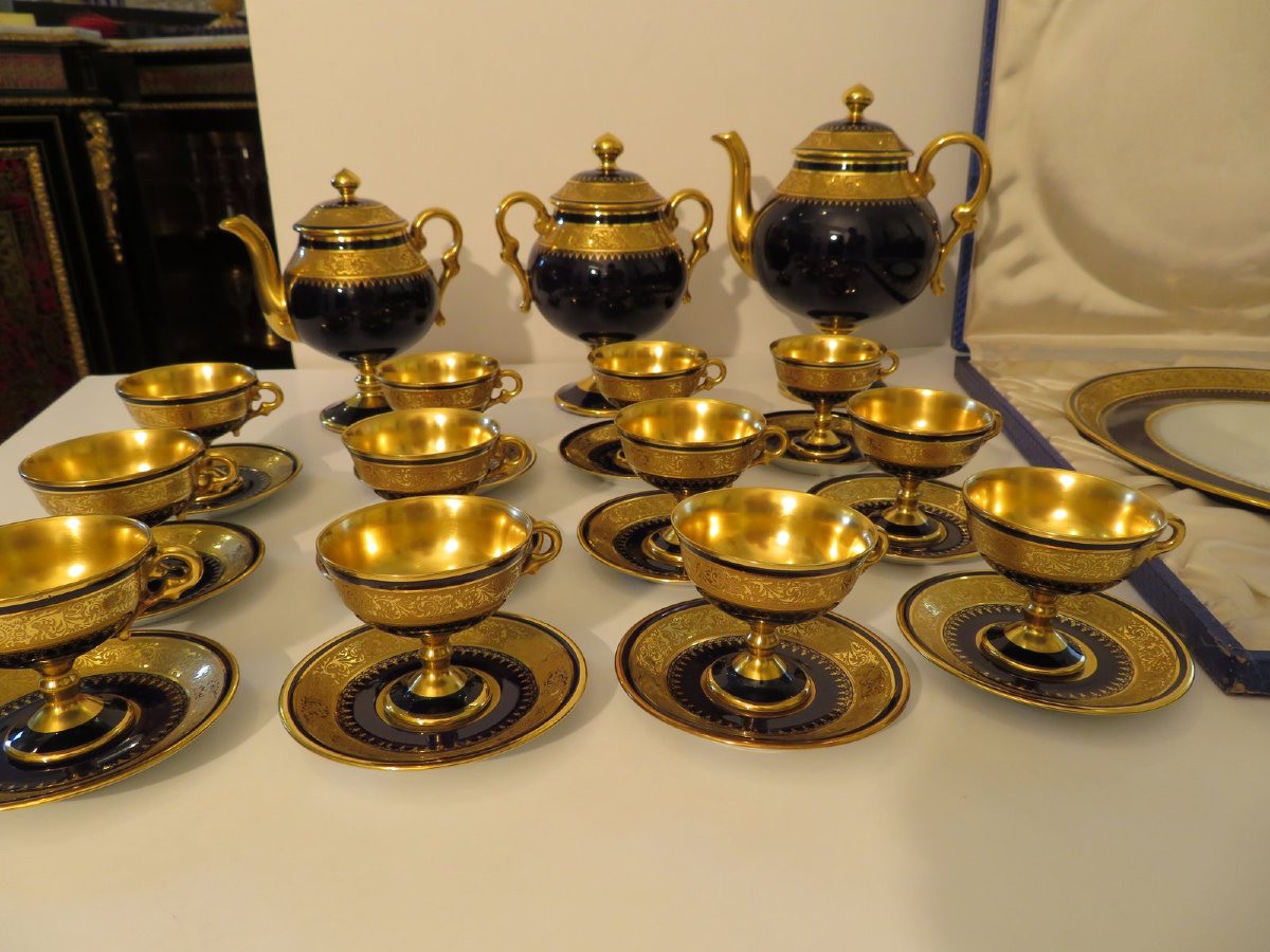 Empire Style Limoges Porcelain Coffee/tea Service In Bleu De Four And Gold-photo-2