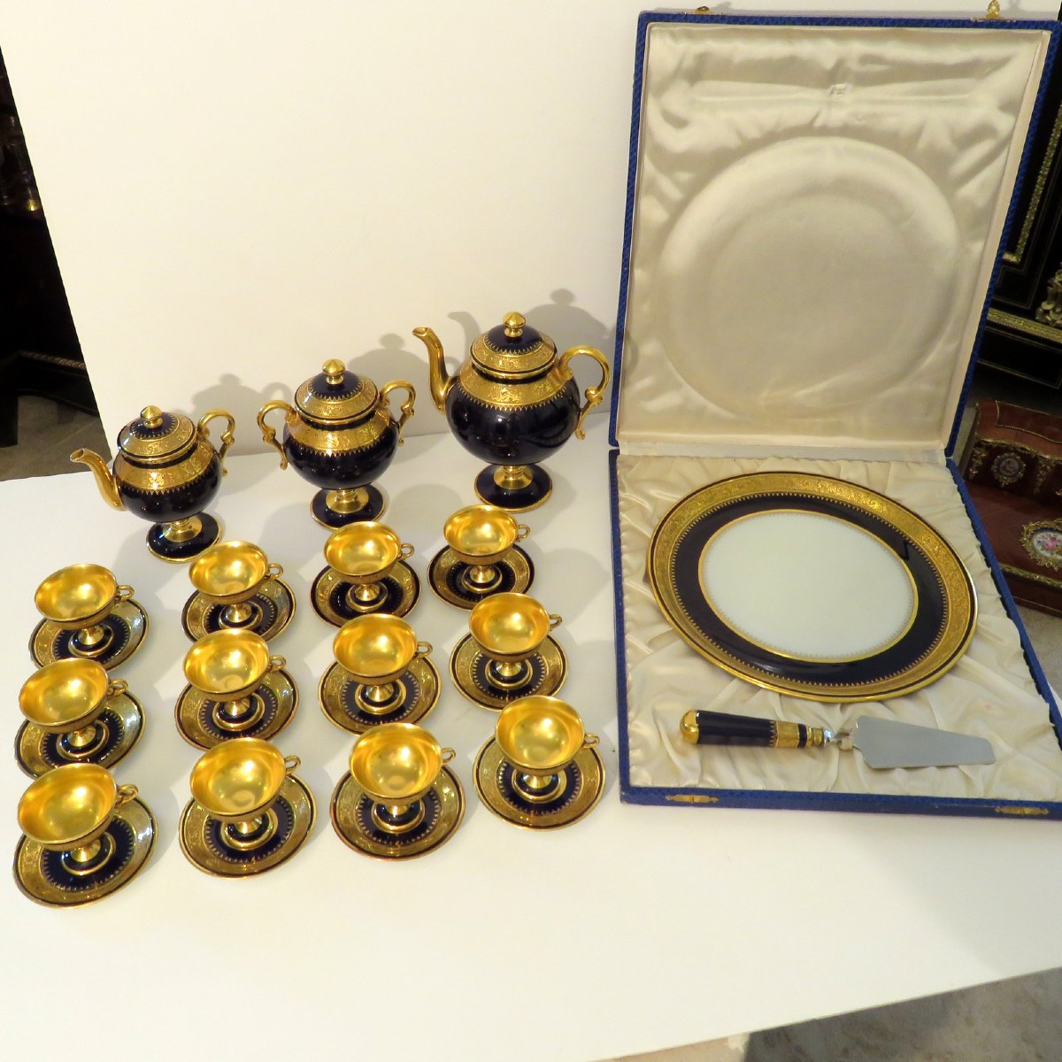 Empire Style Limoges Porcelain Coffee/tea Service In Bleu De Four And Gold