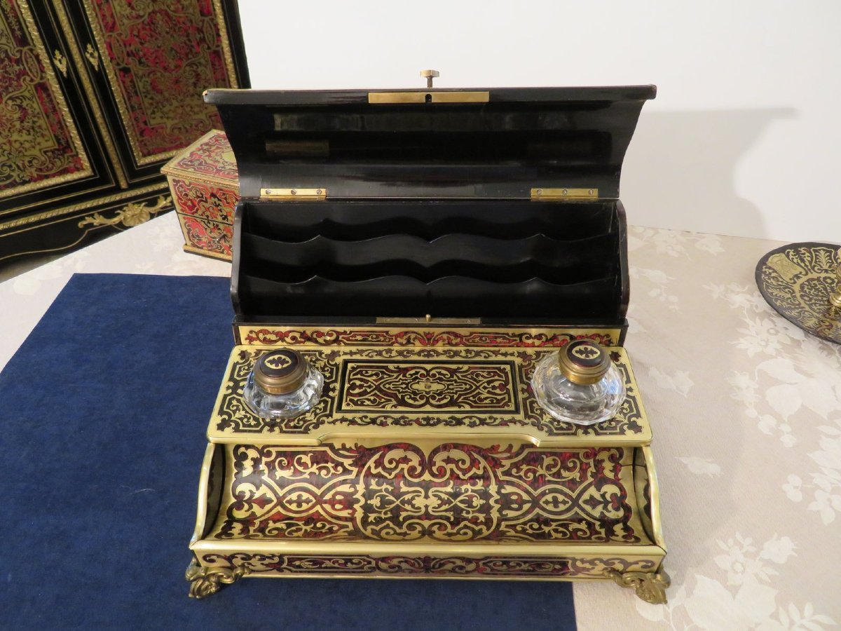 Stamped Bassy Inkwell Brass Marquetry Boulle Crystal Inkwell Napoleon III Period-photo-3