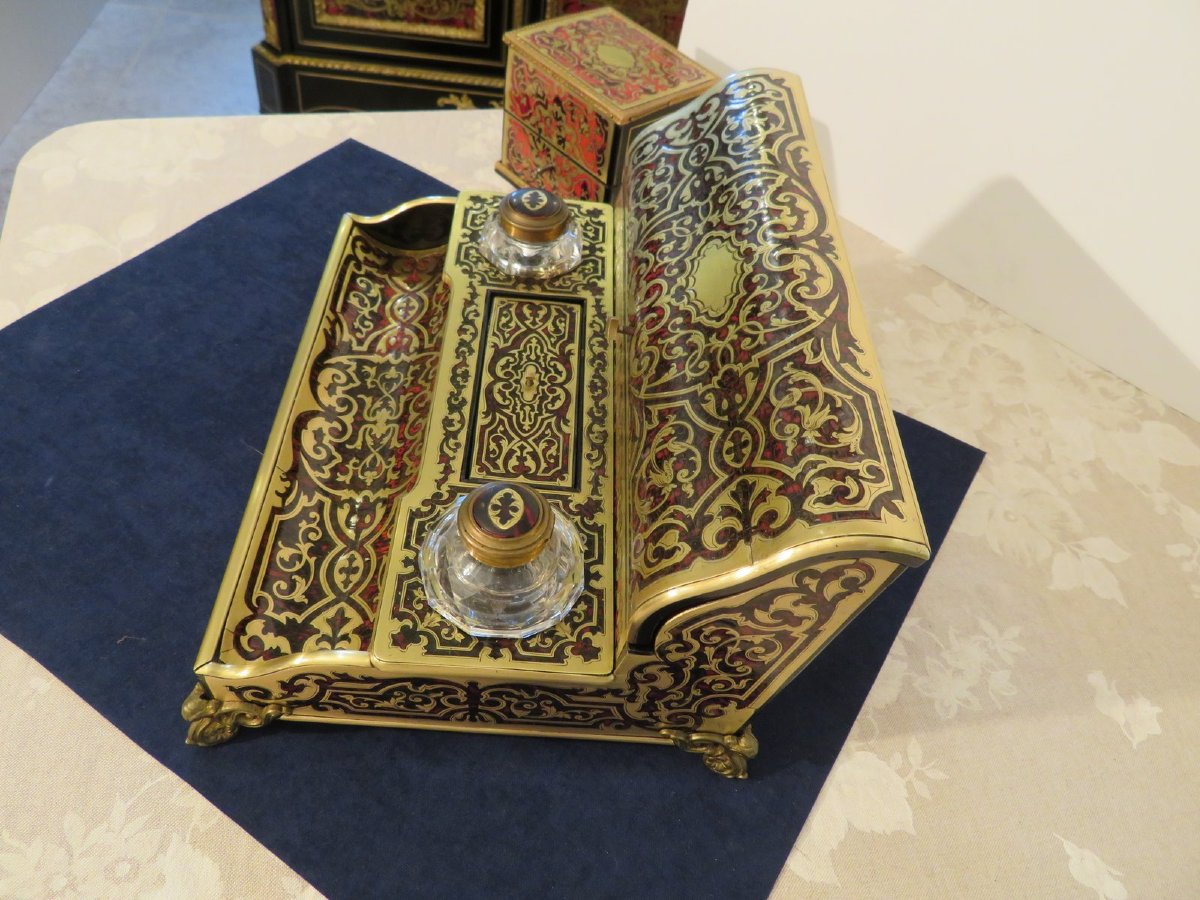 Stamped Bassy Inkwell Brass Marquetry Boulle Crystal Inkwell Napoleon III Period-photo-1