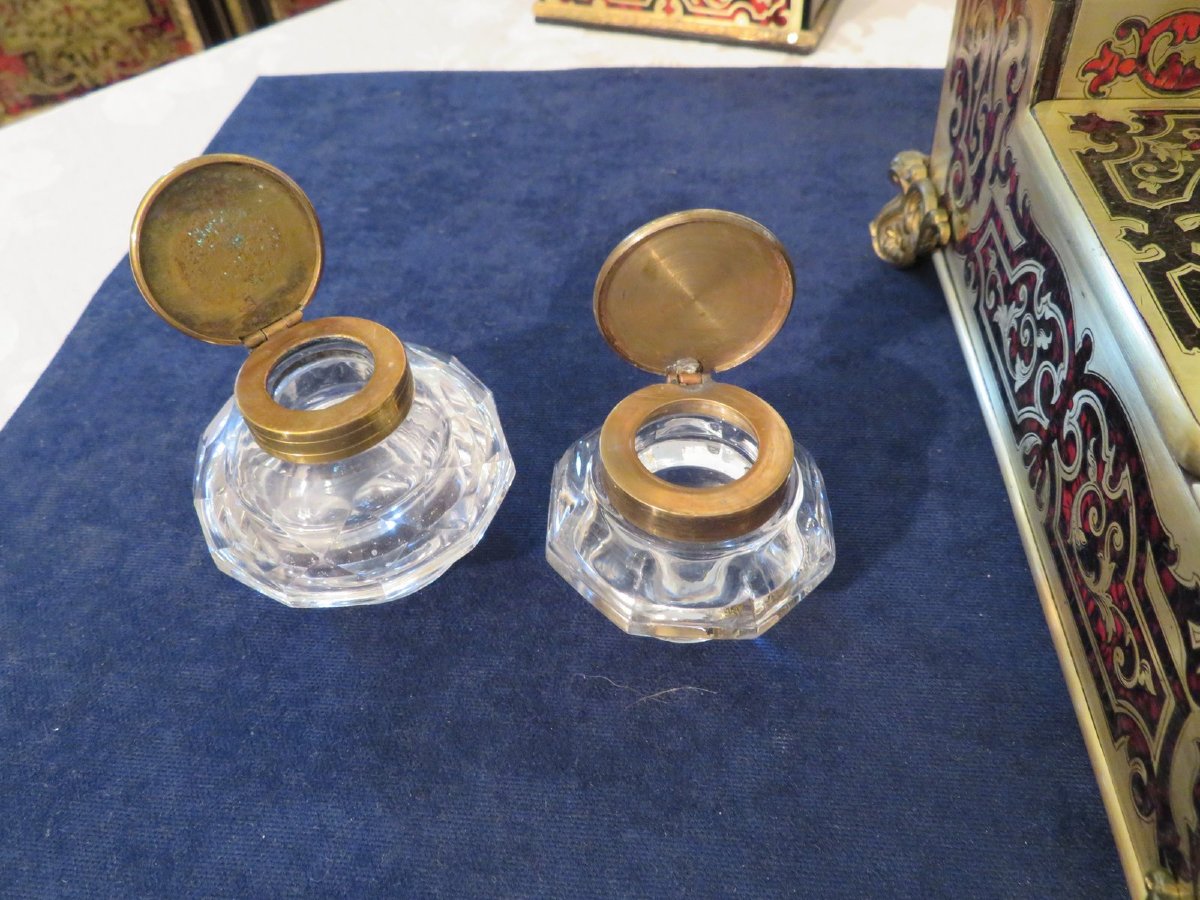 Stamped Bassy Inkwell Brass Marquetry Boulle Crystal Inkwell Napoleon III Period-photo-5
