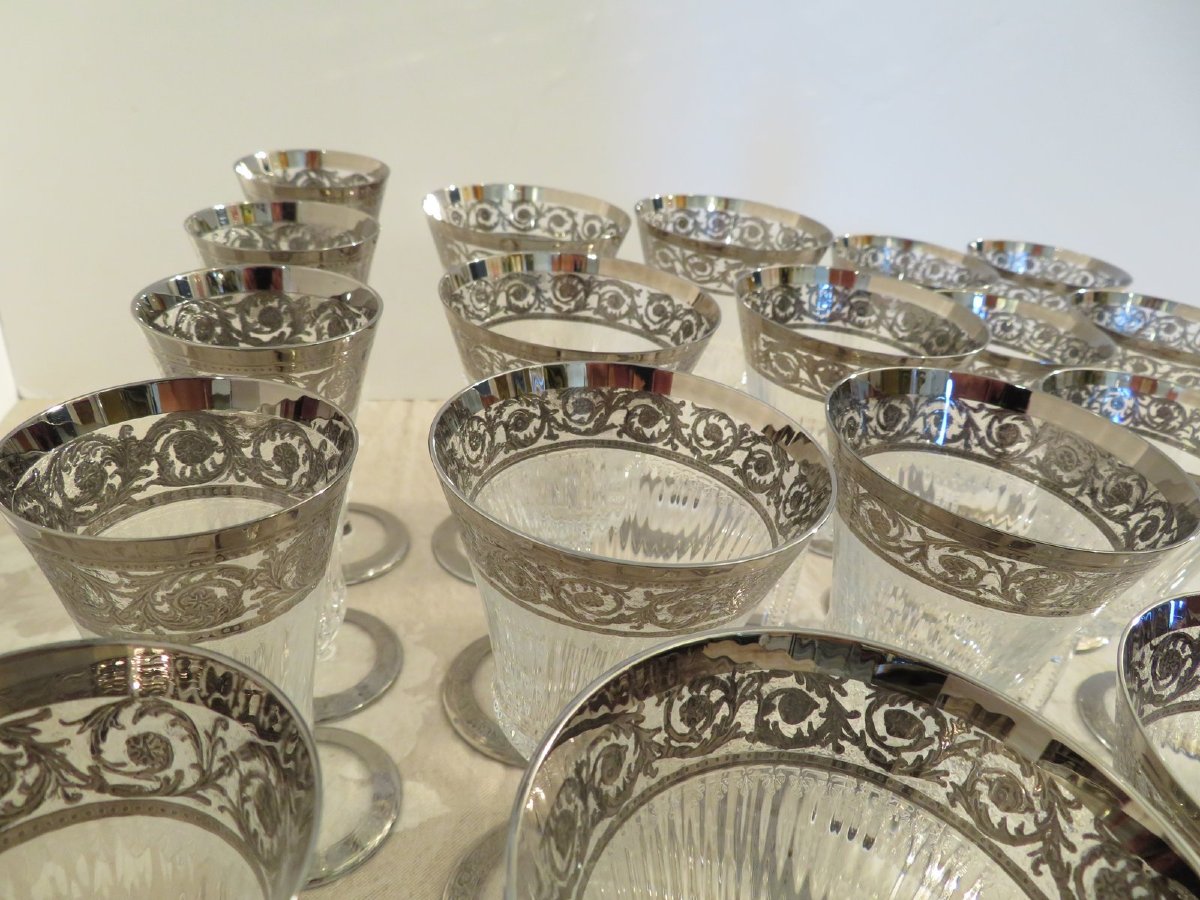 Perfect Condition Saint Louis Thistle Platinum Crystal Signed With Boxes Service 22 Glasses, 1 Carafe-photo-3