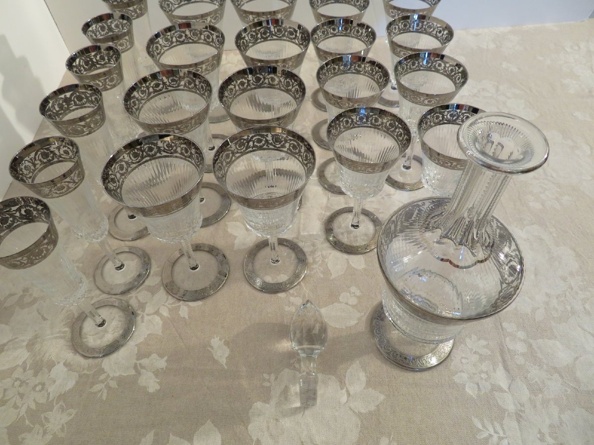 Perfect Condition Saint Louis Thistle Platinum Crystal Signed With Boxes Service 22 Glasses, 1 Carafe-photo-4