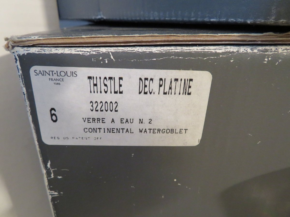 Perfect Condition Saint Louis Thistle Platinum Crystal Signed With Boxes Service 22 Glasses, 1 Carafe-photo-1