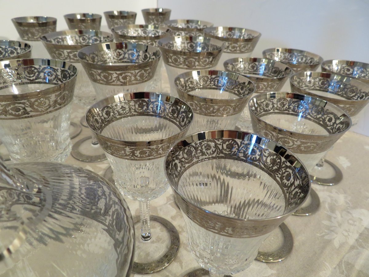 Perfect Condition Saint Louis Thistle Platinum Crystal Signed With Boxes Service 22 Glasses, 1 Carafe-photo-2