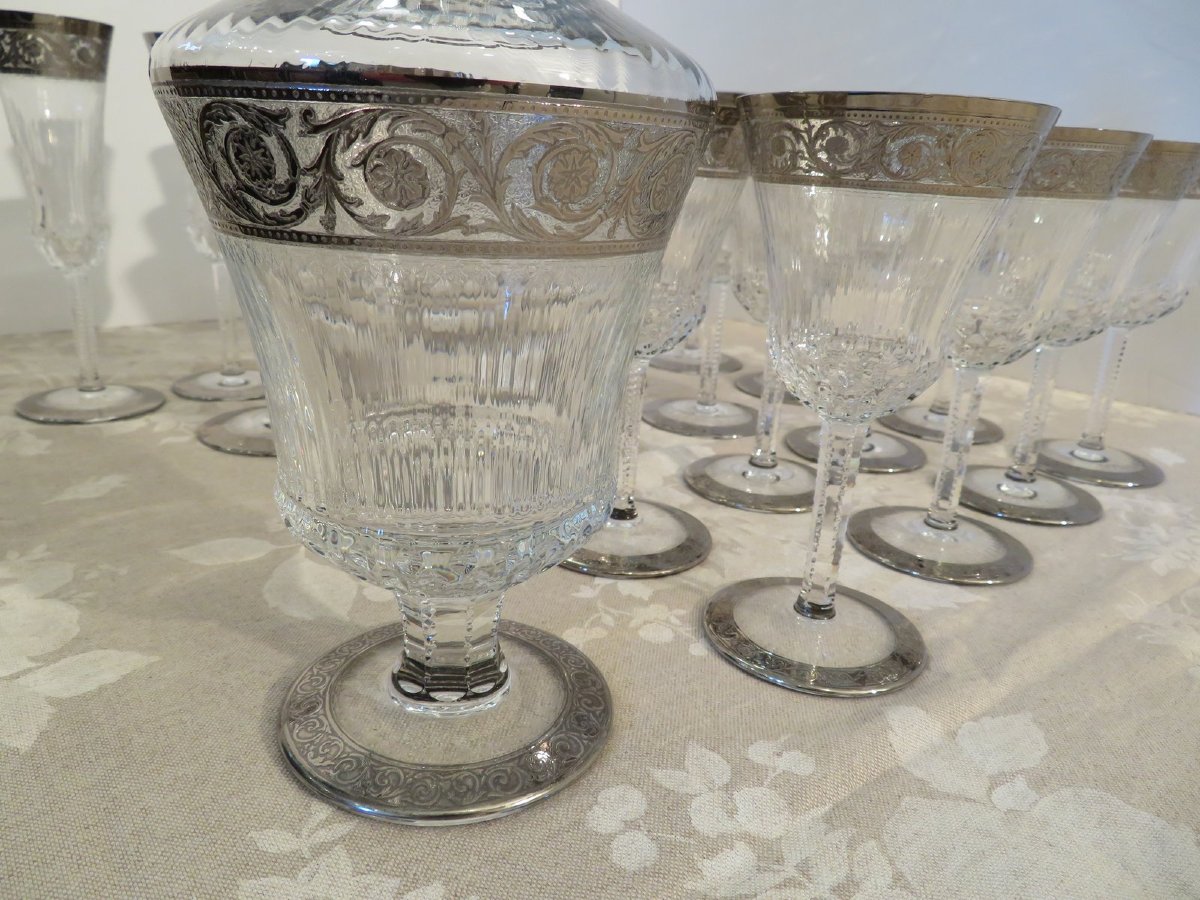 Perfect Condition Saint Louis Thistle Platinum Crystal Signed With Boxes Service 22 Glasses, 1 Carafe-photo-3