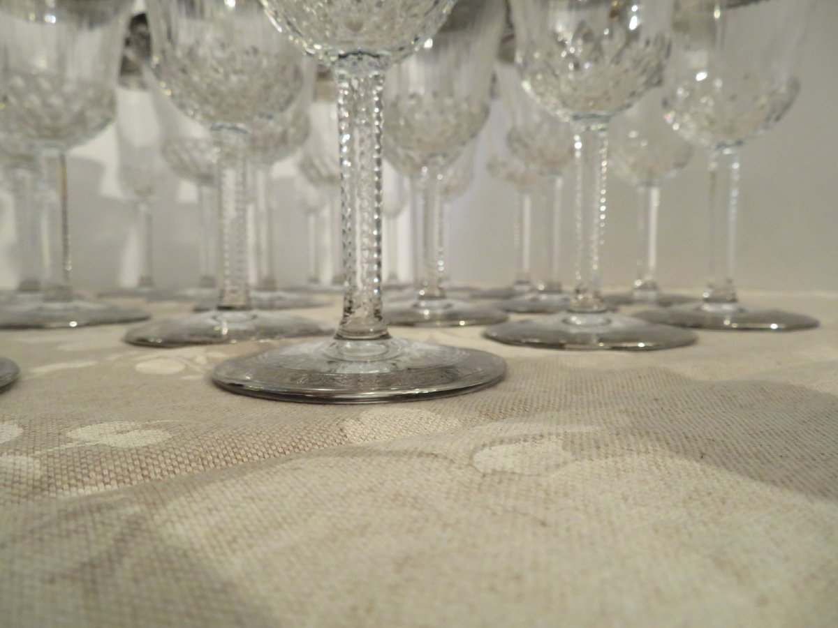 Perfect Condition Saint Louis Thistle Platinum Crystal Signed With Boxes Service 22 Glasses, 1 Carafe-photo-5