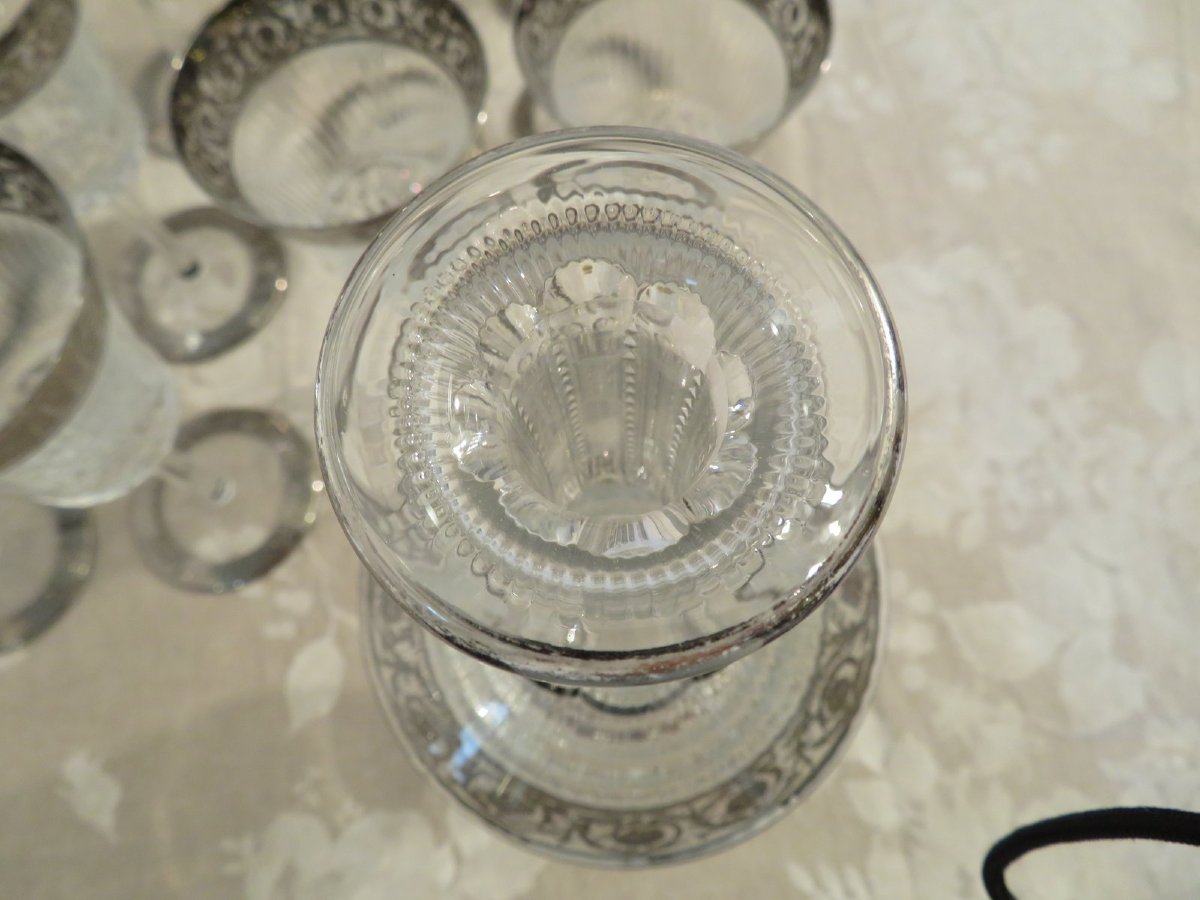 Perfect Condition Saint Louis Thistle Platinum Crystal Signed With Boxes Service 22 Glasses, 1 Carafe-photo-6