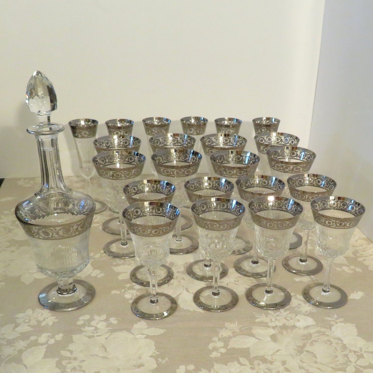 Perfect Condition Saint Louis Thistle Platinum Crystal Signed With Boxes Service 22 Glasses, 1 Carafe