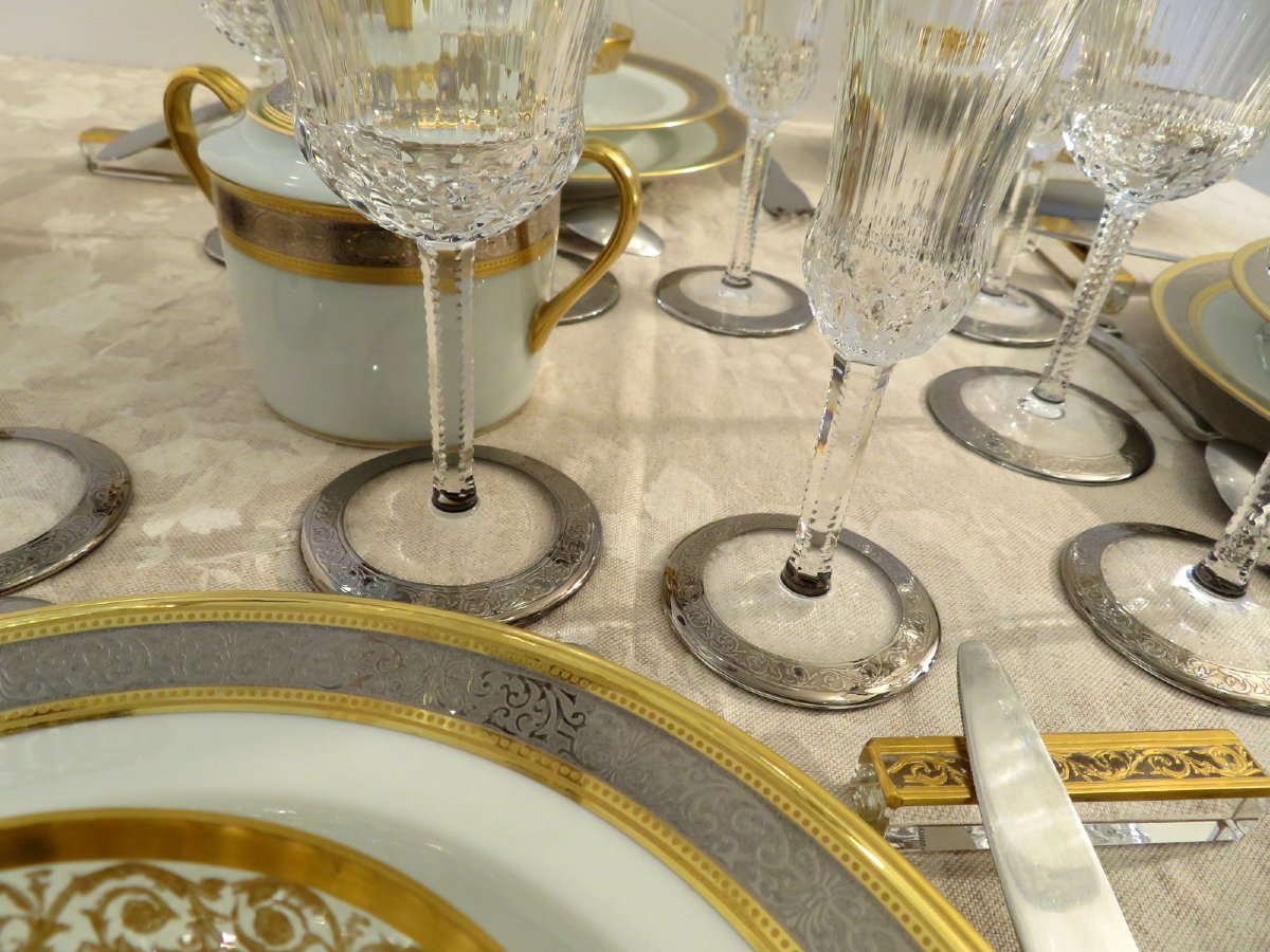 Service de Table Limoges  HAVILAND Vulcain SainT LOUIS Cristal Thistle Or et Platine signé-photo-2