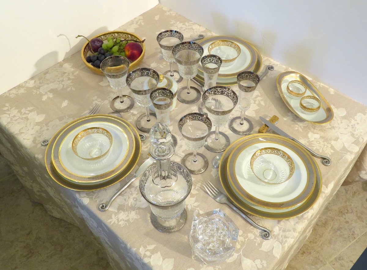 Service de Table Limoges  HAVILAND Vulcain SainT LOUIS Cristal Thistle Or et Platine signé-photo-4