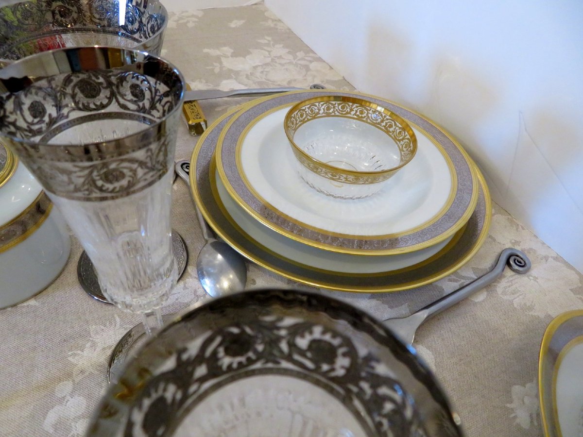 Service de Table Limoges  HAVILAND Vulcain SainT LOUIS Cristal Thistle Or et Platine signé-photo-2
