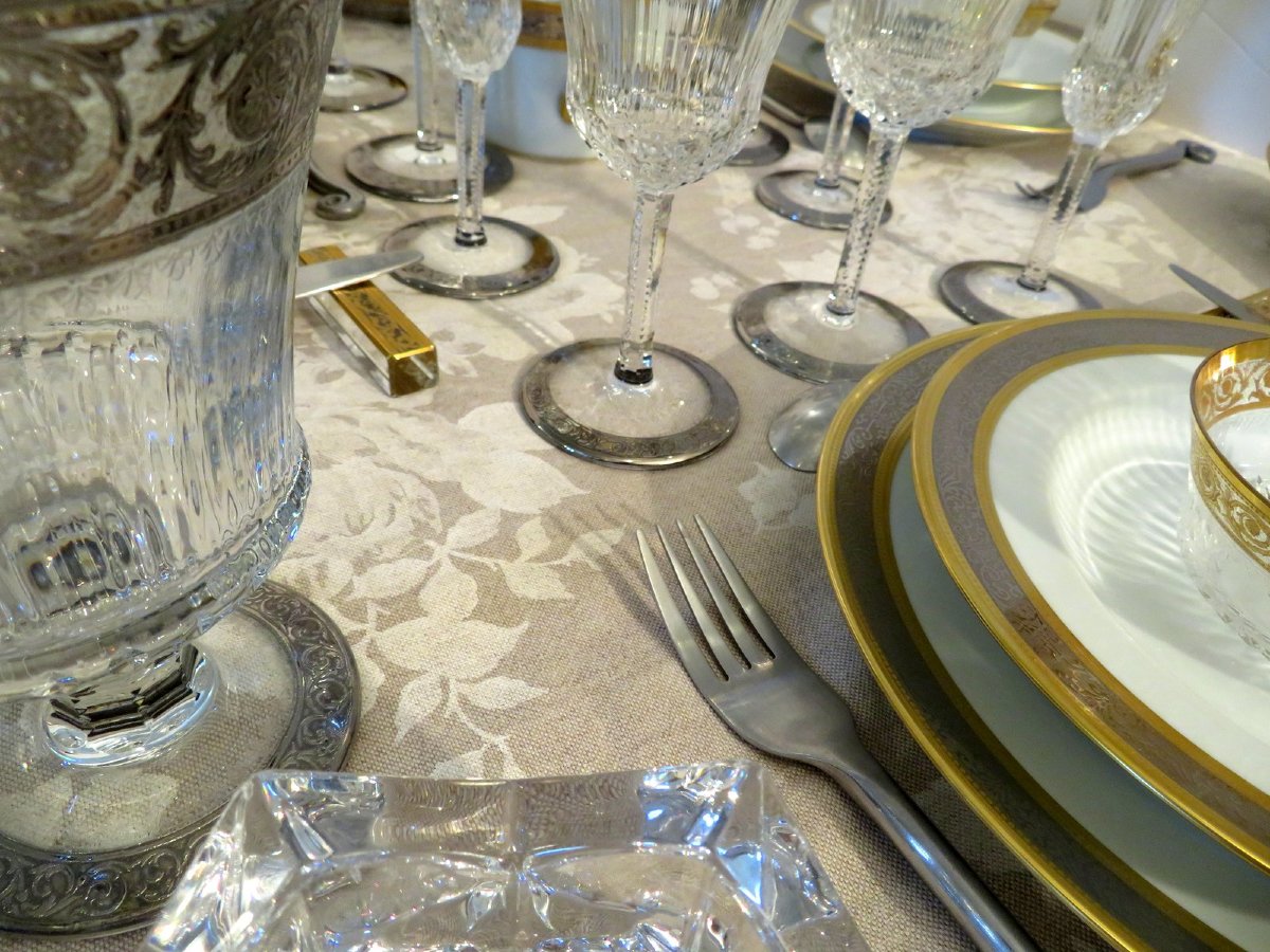 Service de Table Limoges  HAVILAND Vulcain SainT LOUIS Cristal Thistle Or et Platine signé-photo-7