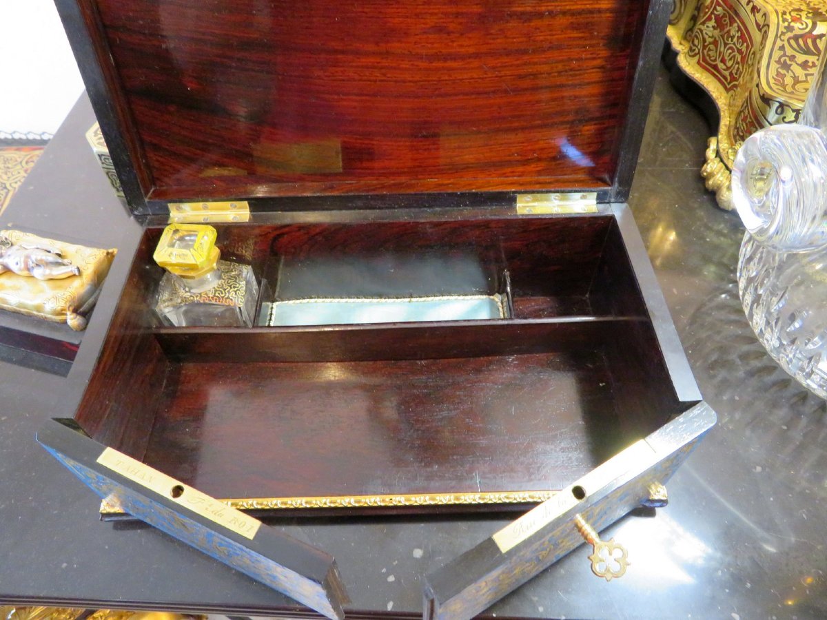 Signed Tahan Box In Turquoise Boulle Marquetry Napoleon III Period Perfect Condition-photo-2