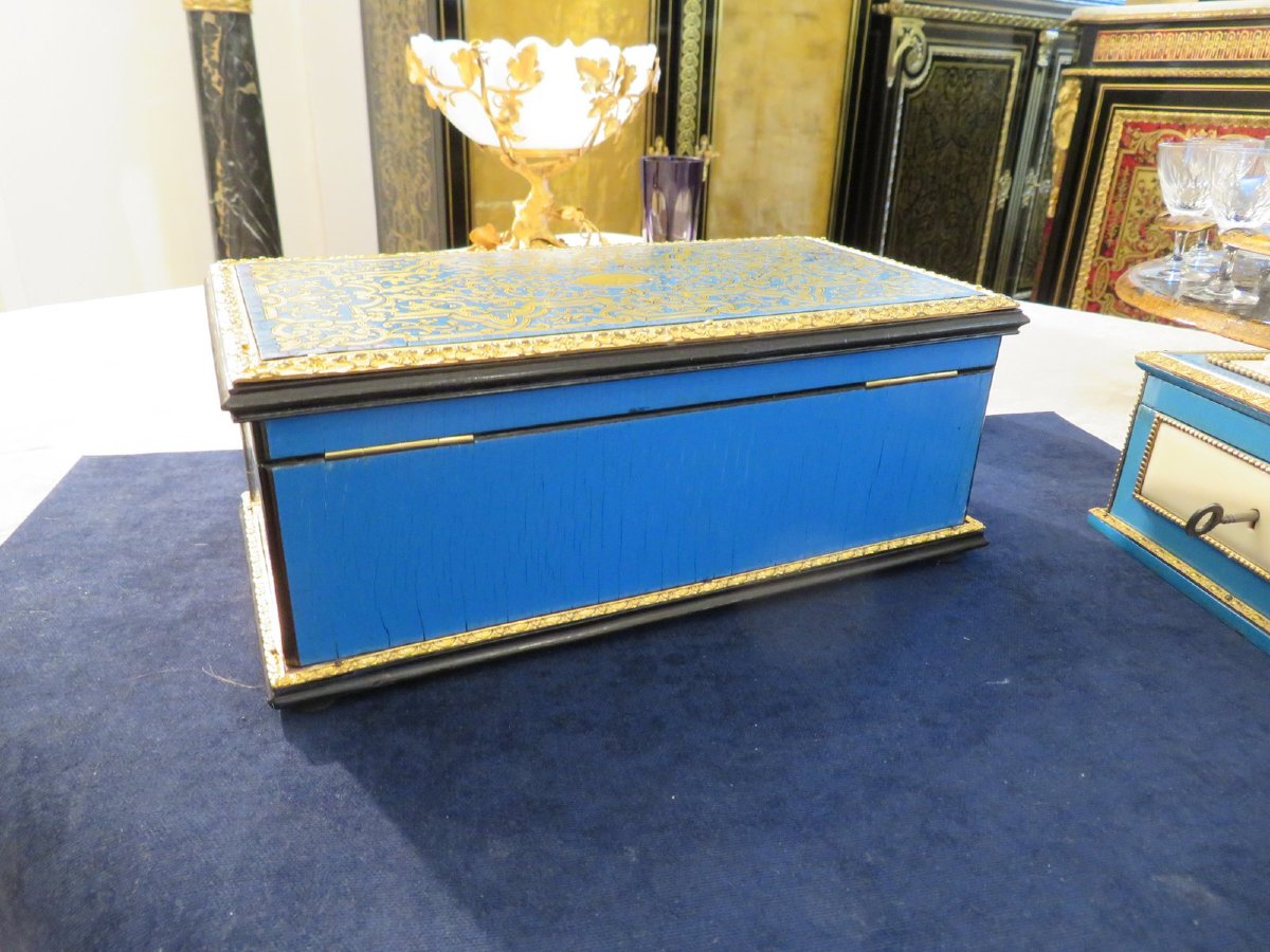 Signed Tahan Box In Turquoise Boulle Marquetry Napoleon III Period Perfect Condition-photo-4