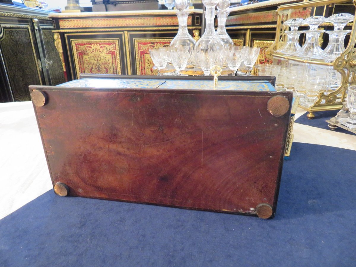 Signed Tahan Box In Turquoise Boulle Marquetry Napoleon III Period Perfect Condition-photo-3