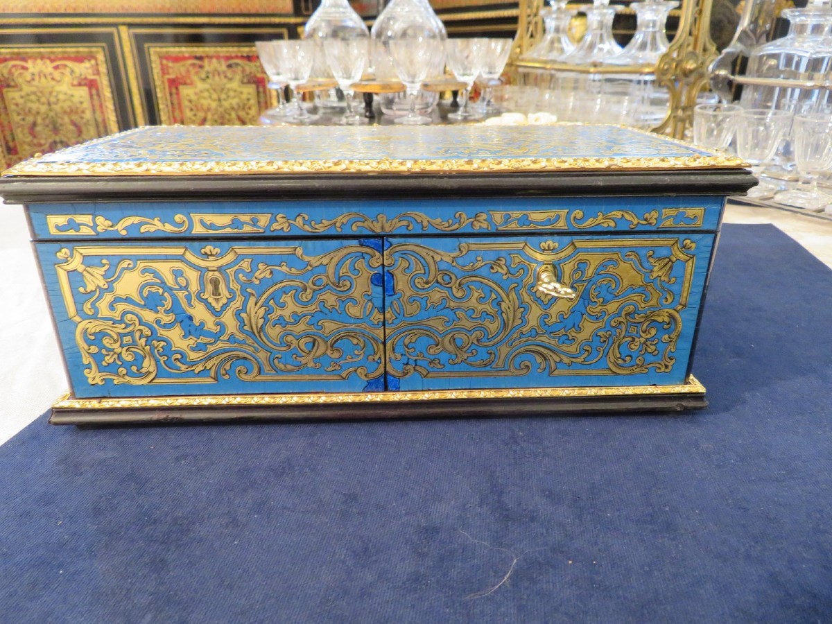 Signed Tahan Box In Turquoise Boulle Marquetry Napoleon III Period Perfect Condition-photo-8