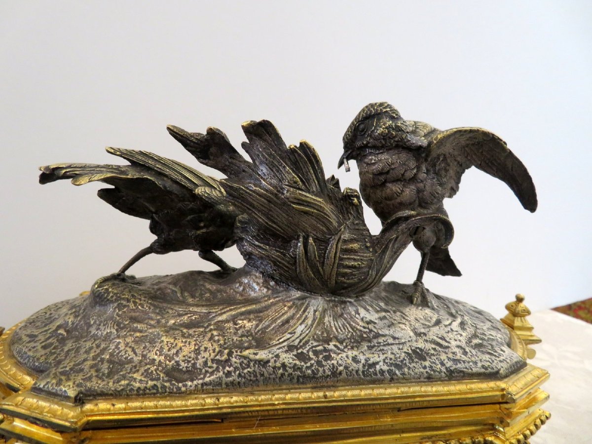 signée  MOIGNIEZ Boite à bijoux en Bronze argenté et doré Epoque Napoléon III-photo-3