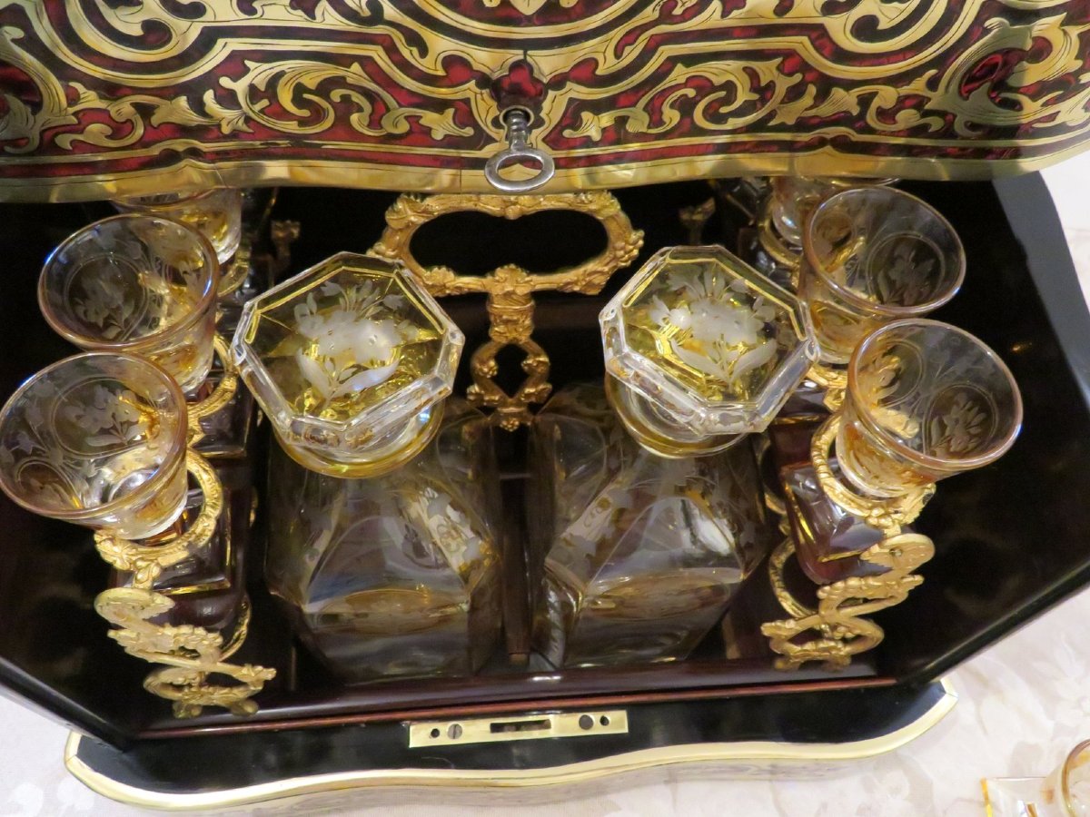  Cave à liqueur toutes Faces en marqueterie Boulle d'époque Napoléon III cristal de Bohême-photo-7