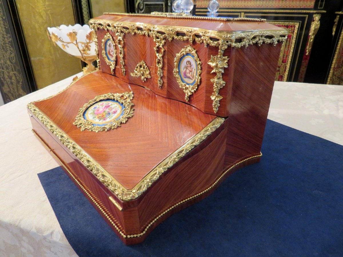 Writing Case In Rosewood Marquetry And Sévres Boulle Plaque, Napoleon III Period-photo-1