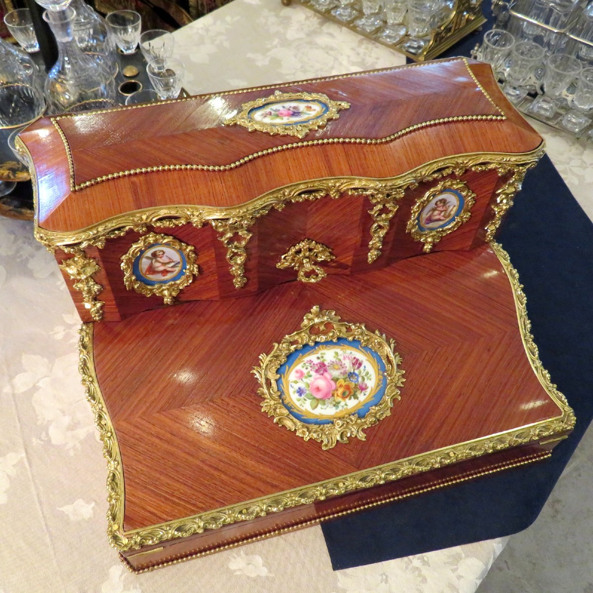 Writing Case In Rosewood Marquetry And Sévres Boulle Plaque, Napoleon III Period