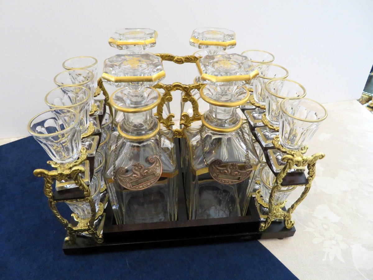 Cave à liqueur en marqueterie Boulle d'époque Napoléon III intérieur en cristal doré complet-photo-1