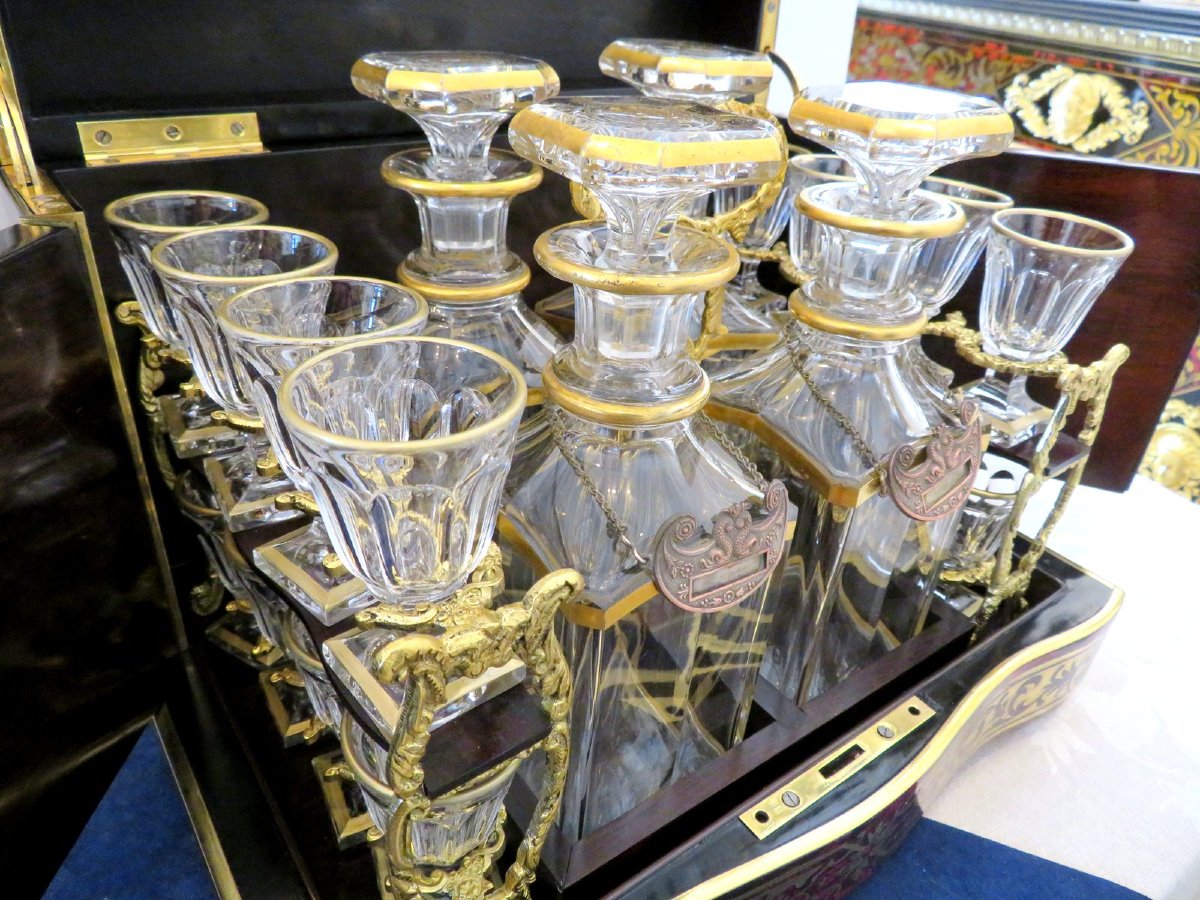 Cave à liqueur en marqueterie Boulle d'époque Napoléon III intérieur en cristal doré complet-photo-8