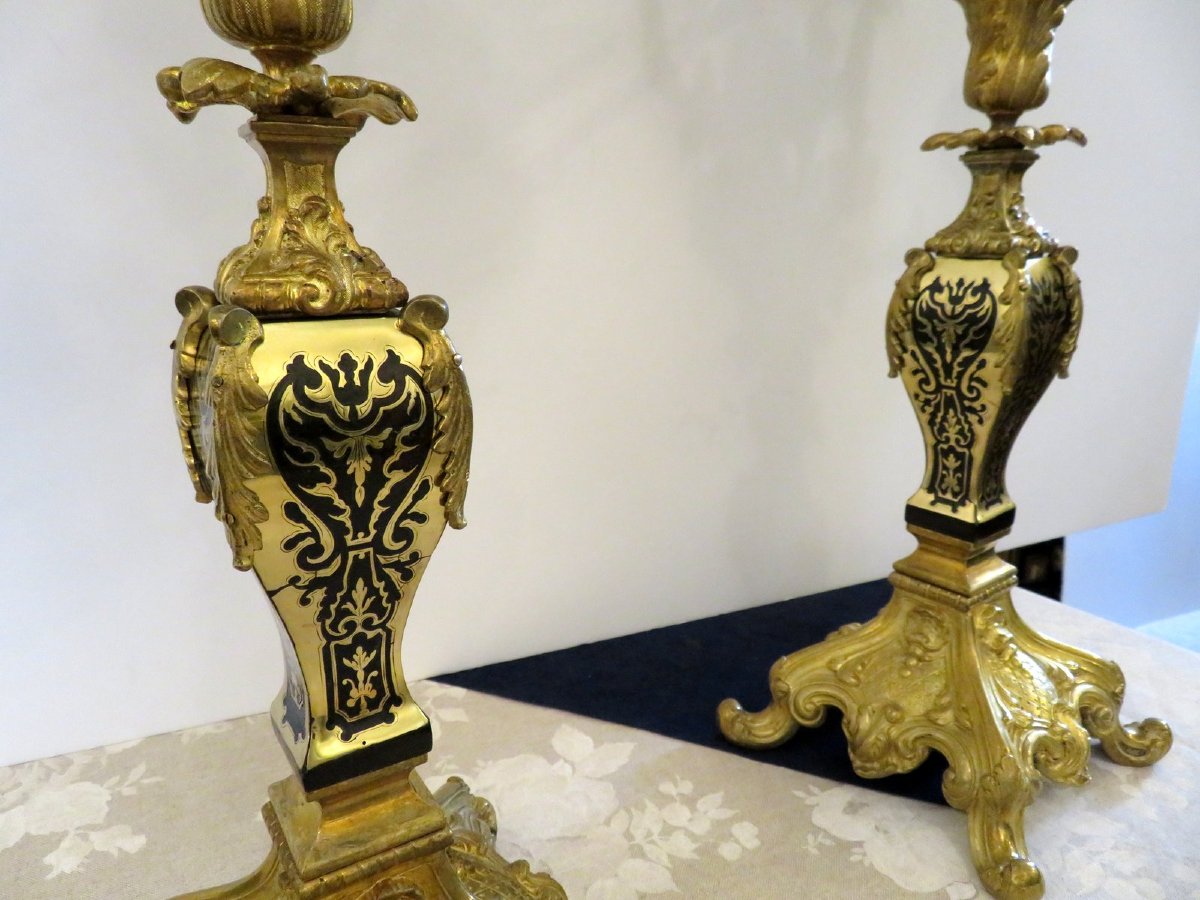Paire de Candelabre en marqueterie Boulle Noire et en Bronze époque Napoléon III 70cm-photo-2
