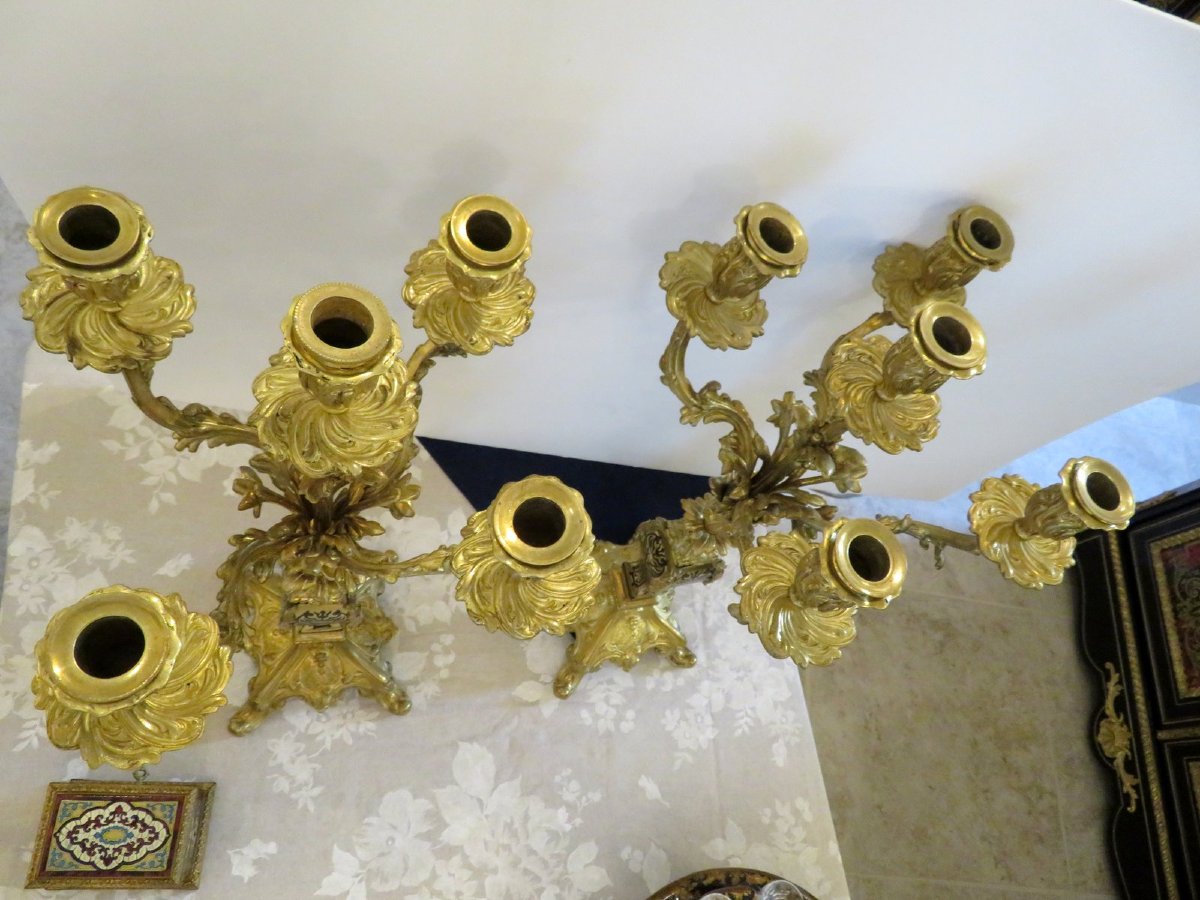 Paire de Candelabre en marqueterie Boulle Noire et en Bronze époque Napoléon III 70cm-photo-3