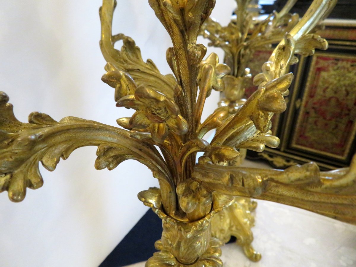 Paire de Candelabre en marqueterie Boulle Noire et en Bronze époque Napoléon III 70cm-photo-4