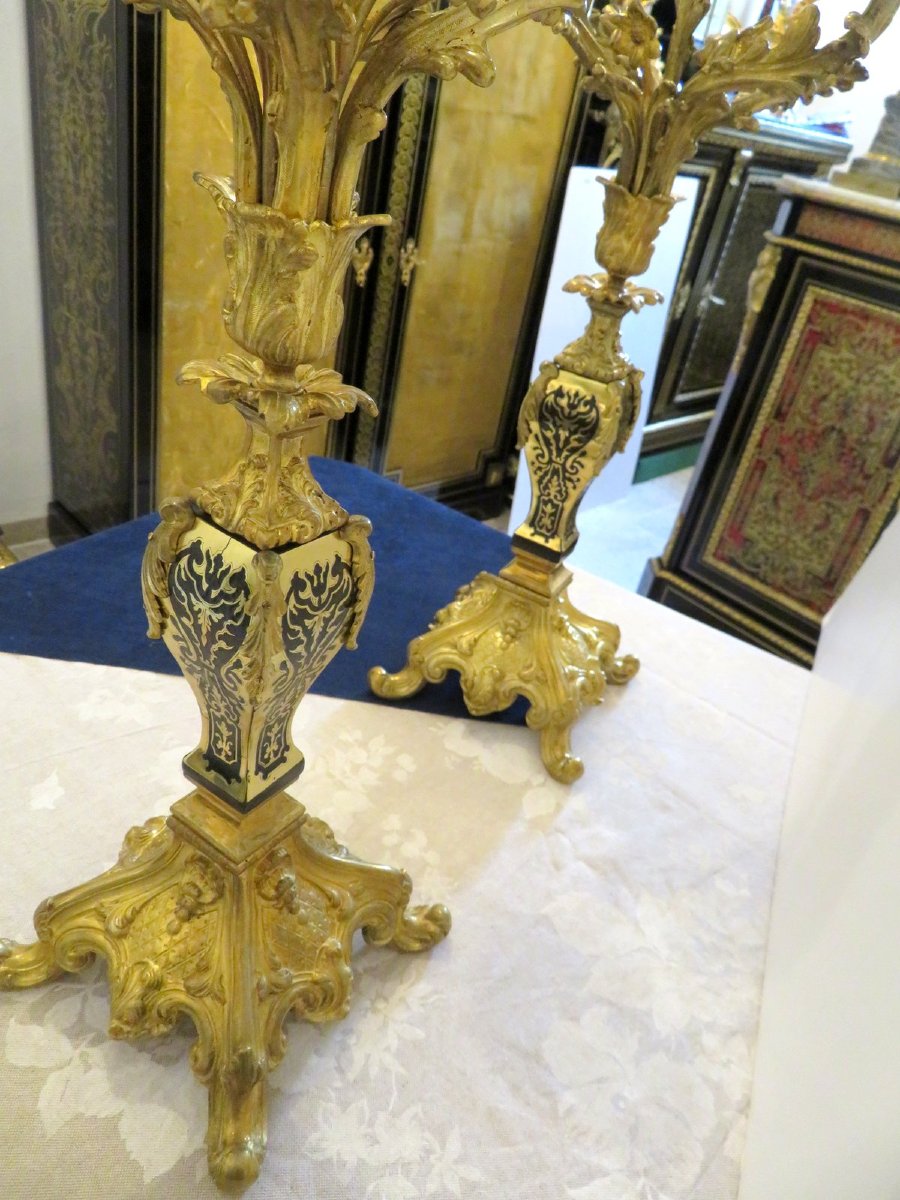 Paire de Candelabre en marqueterie Boulle Noire et en Bronze époque Napoléon III 70cm-photo-2