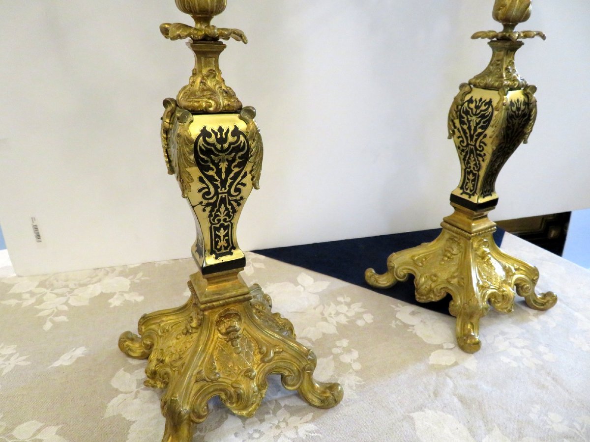 Paire de Candelabre en marqueterie Boulle Noire et en Bronze époque Napoléon III 70cm-photo-3