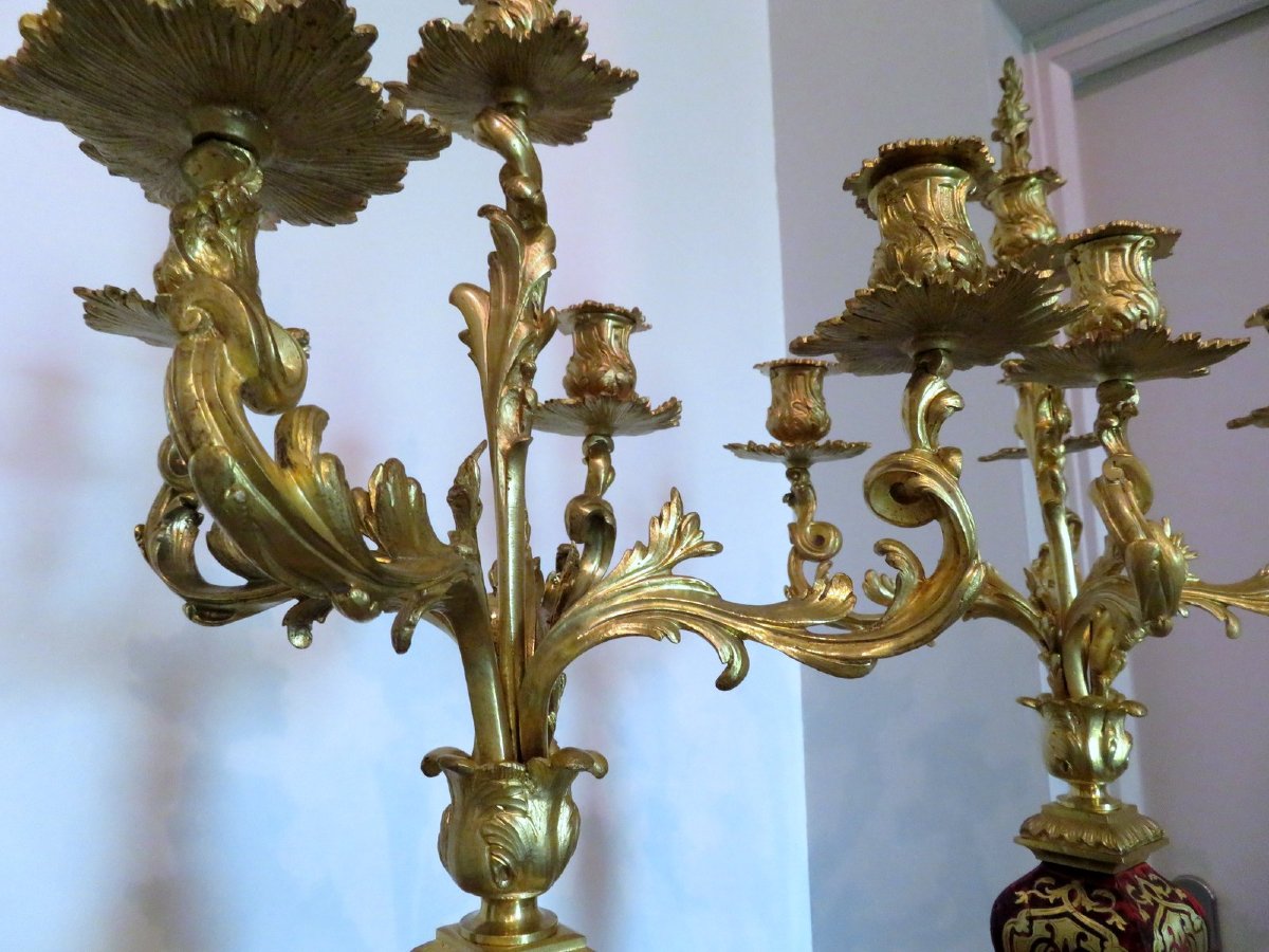 Paire de Candelabre en marqueterie Boulle et en Bronze époque Napoléon III 70cm-photo-2