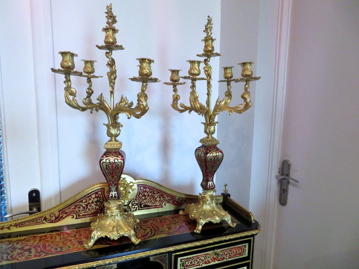 Paire de Candelabre en marqueterie Boulle et en Bronze époque Napoléon III 70cm-photo-3