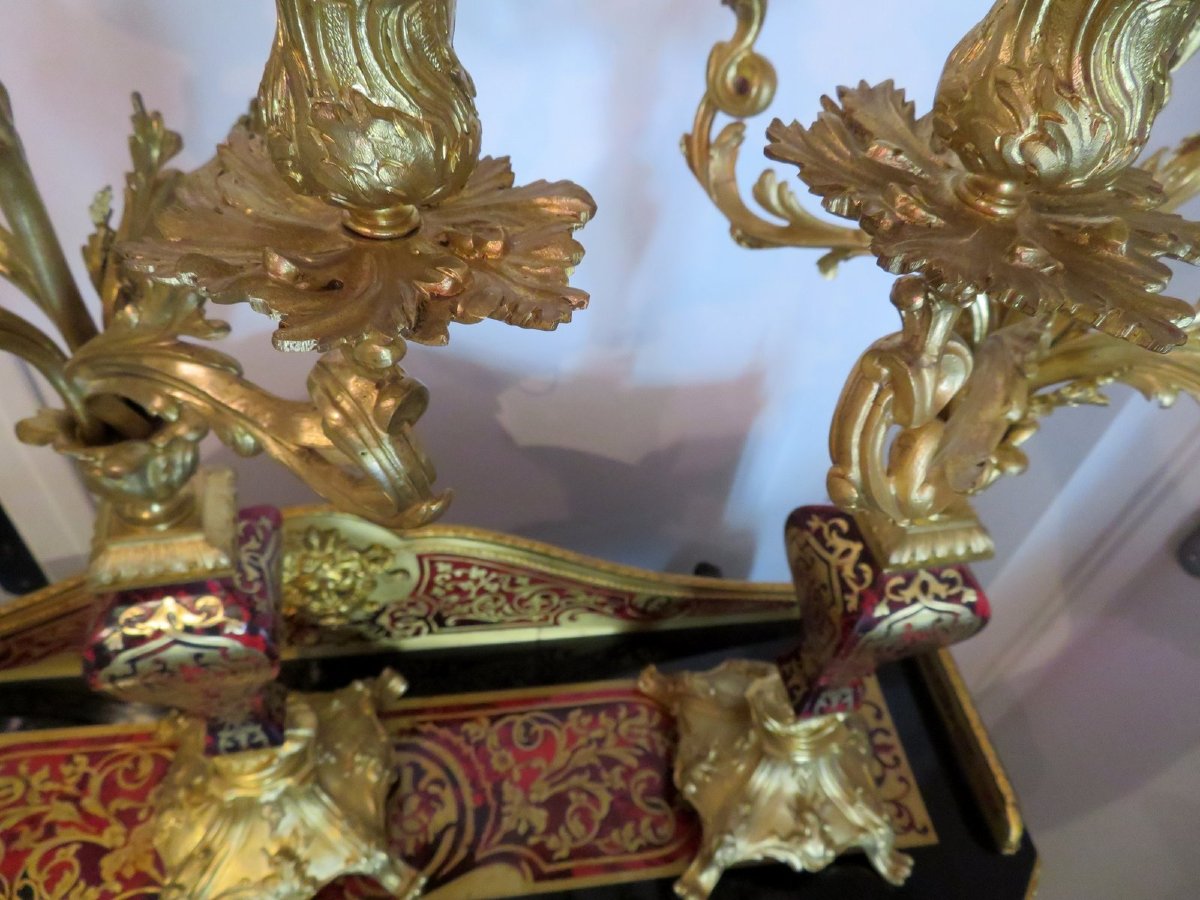 Paire de Candelabre en marqueterie Boulle et en Bronze époque Napoléon III 70cm-photo-7
