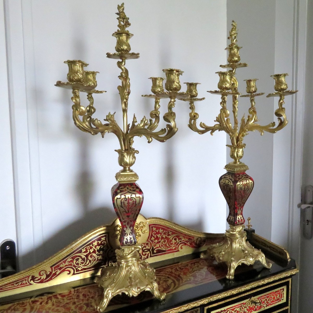 Paire de Candelabre en marqueterie Boulle et en Bronze époque Napoléon III 70cm