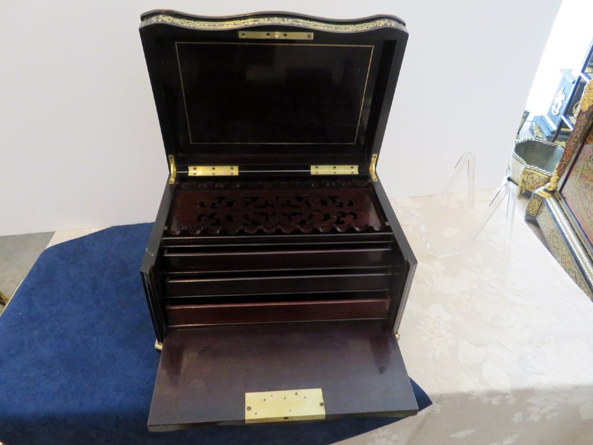 Stamped Tahan Cigar Box In Boulle Marquetry Napoleon III Period-photo-3