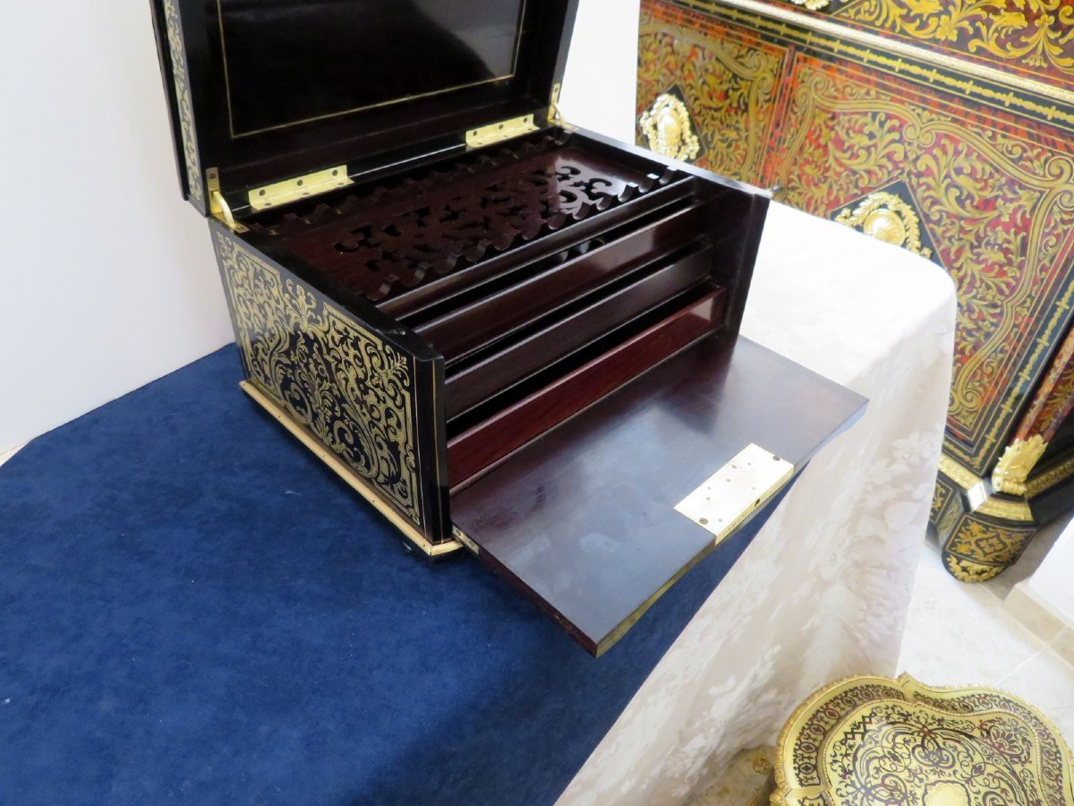 Stamped Tahan Cigar Box In Boulle Marquetry Napoleon III Period-photo-8