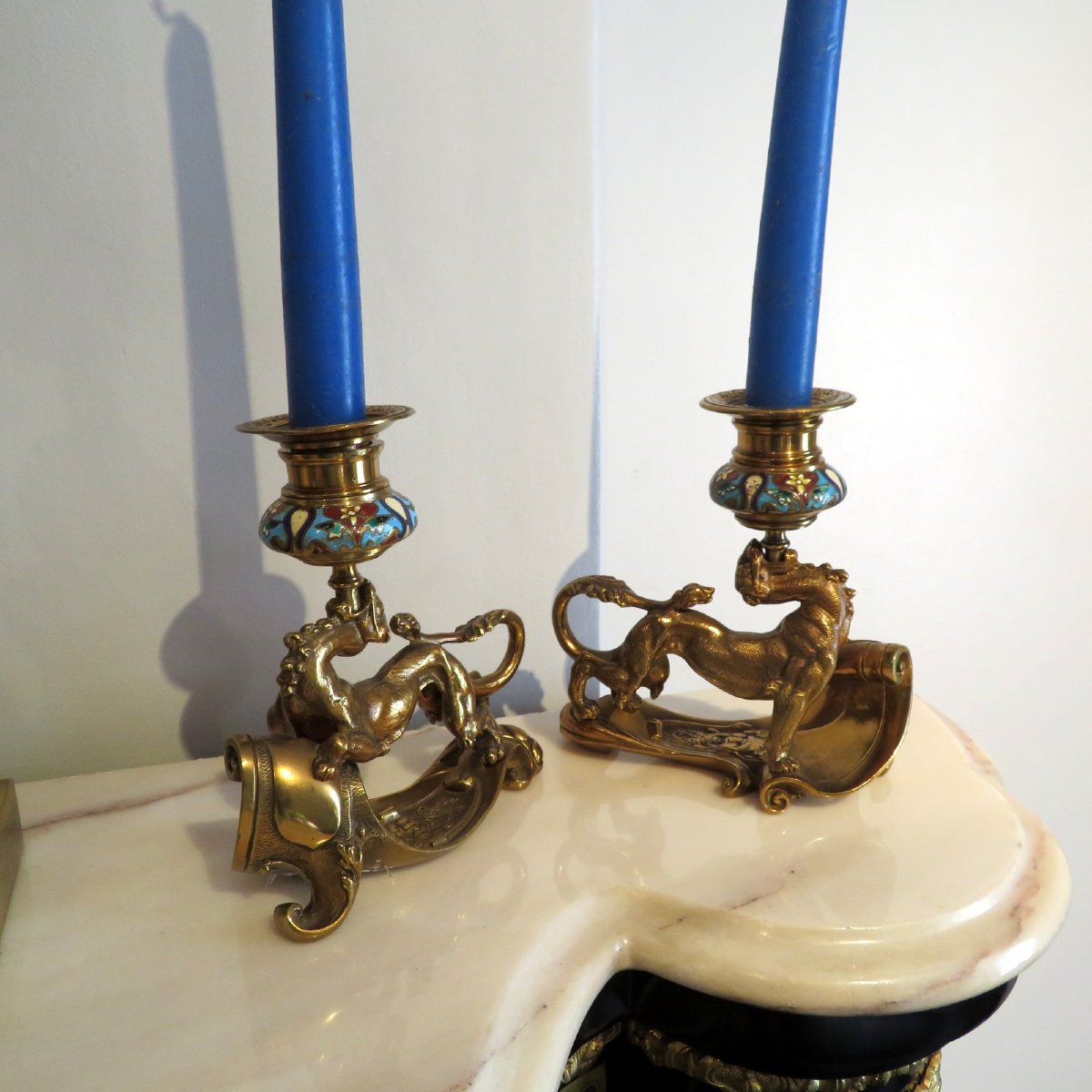 Pair Of Candelstick Enamel Marquetry And Bronze 19th Century-photo-3