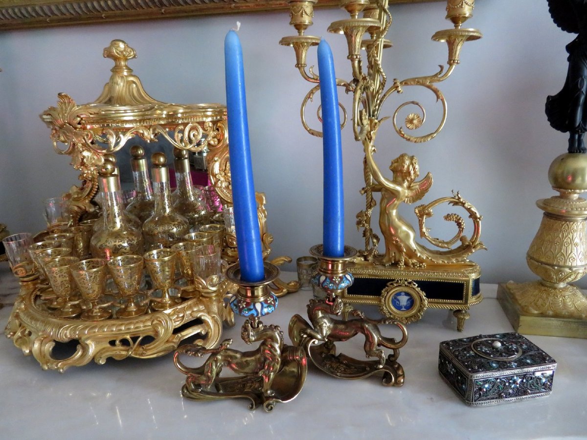 Pair Of Candelstick Enamel Marquetry And Bronze 19th Century-photo-1